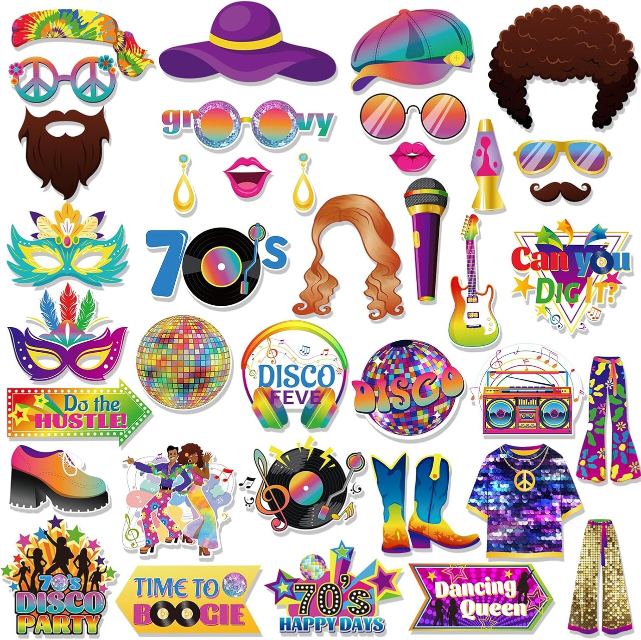 37PCS 70s Disco Photo Booth Props – 1970s Party Decorations & Selfie Props